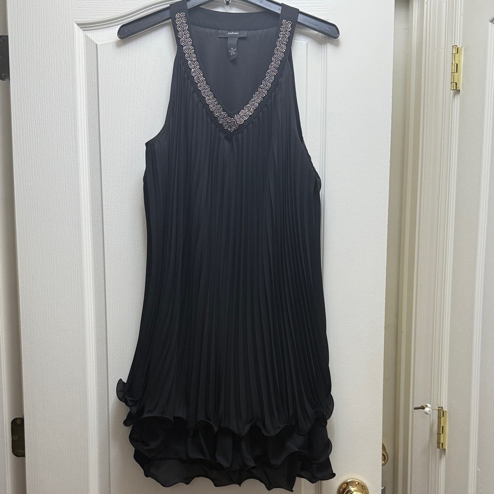 Black Pleated Sleeveless Dress with Embellished Neckline